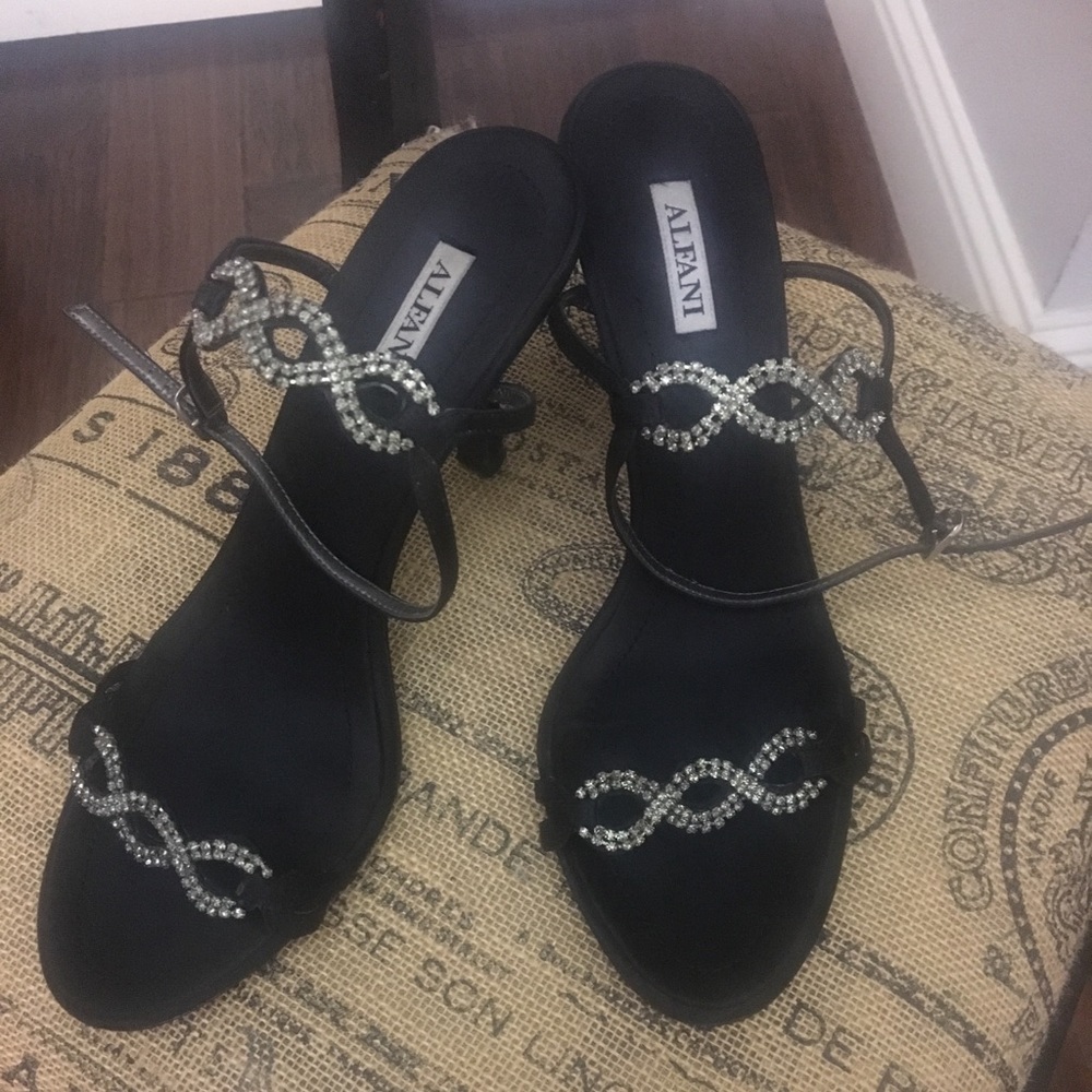 Alfanii Black Satin & Rhinestone Party Heels, 9M